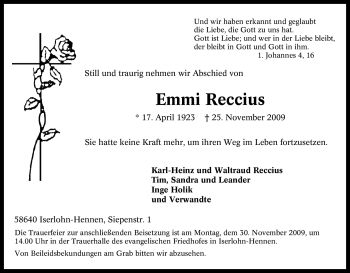 Traueranzeige von Emmi Reccius von Tageszeitung