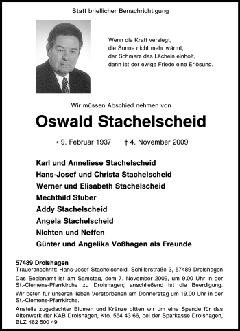 Traueranzeige von Oswald Stachelscheid von Tageszeitung