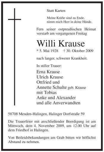 Traueranzeige von Willi Krause von Tageszeitung