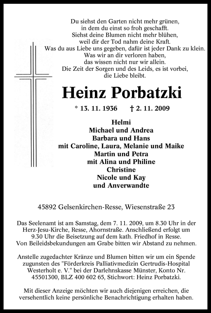  Traueranzeige für Heinz Porbatzki vom 05.11.2009 aus Tageszeitung