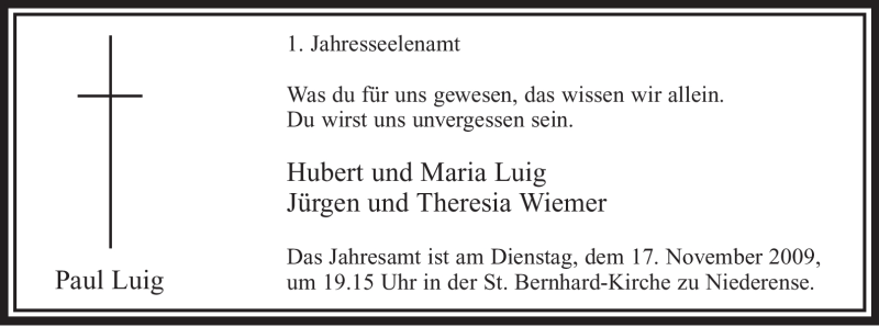  Traueranzeige für Paul Luig vom 14.11.2009 aus Tageszeitung