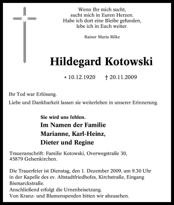 Traueranzeige von Hildegard Kotowski von Tageszeitung