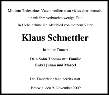 Traueranzeige von Klaus Schnettler von Tageszeitung