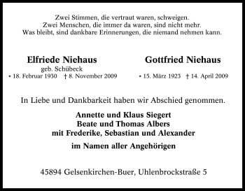 Traueranzeige von Elfriede Niehaus von Tageszeitung