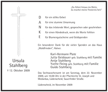 Traueranzeige von Ursula Stahlberg von Tageszeitung