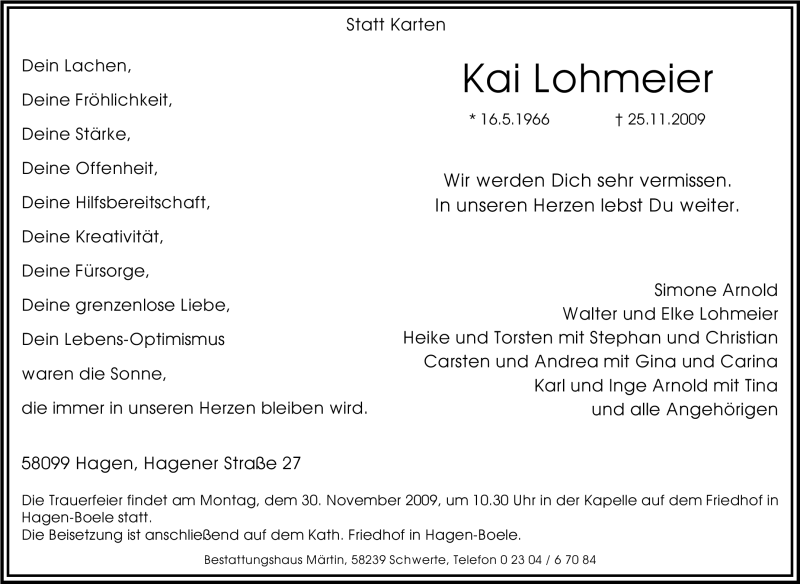  Traueranzeige für Kai Lohmeier vom 27.11.2009 aus Tageszeitung