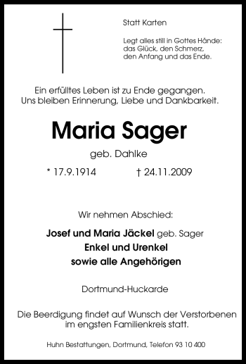 Traueranzeige von Maria Sager von Tageszeitung
