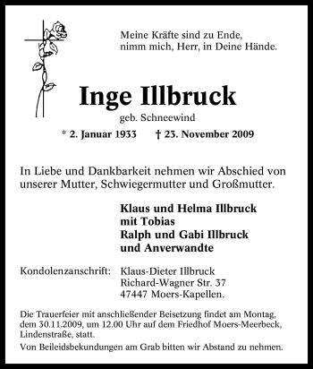 Traueranzeige von Inge Illbruck von Tageszeitung