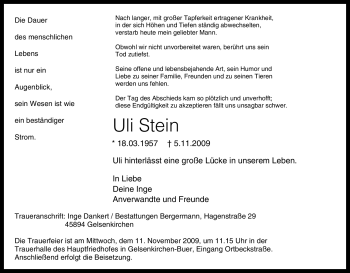 Traueranzeige von Uli Stein von Tageszeitung