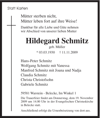 Traueranzeige von Hildegard Schmitz von Tageszeitung