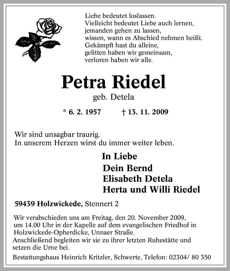  Traueranzeige für Petra Riedel vom 17.11.2009 aus Tageszeitung