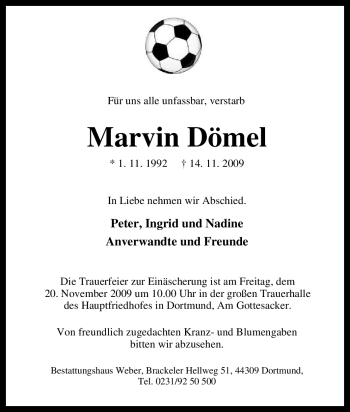 Traueranzeige von Marvin Dömel von Tageszeitung