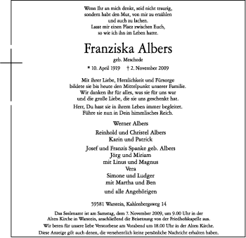 Traueranzeige von Franziska Albers von Tageszeitung