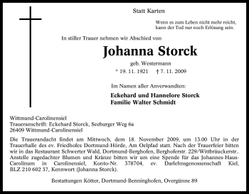 Traueranzeige von Johanna Storck von Tageszeitung