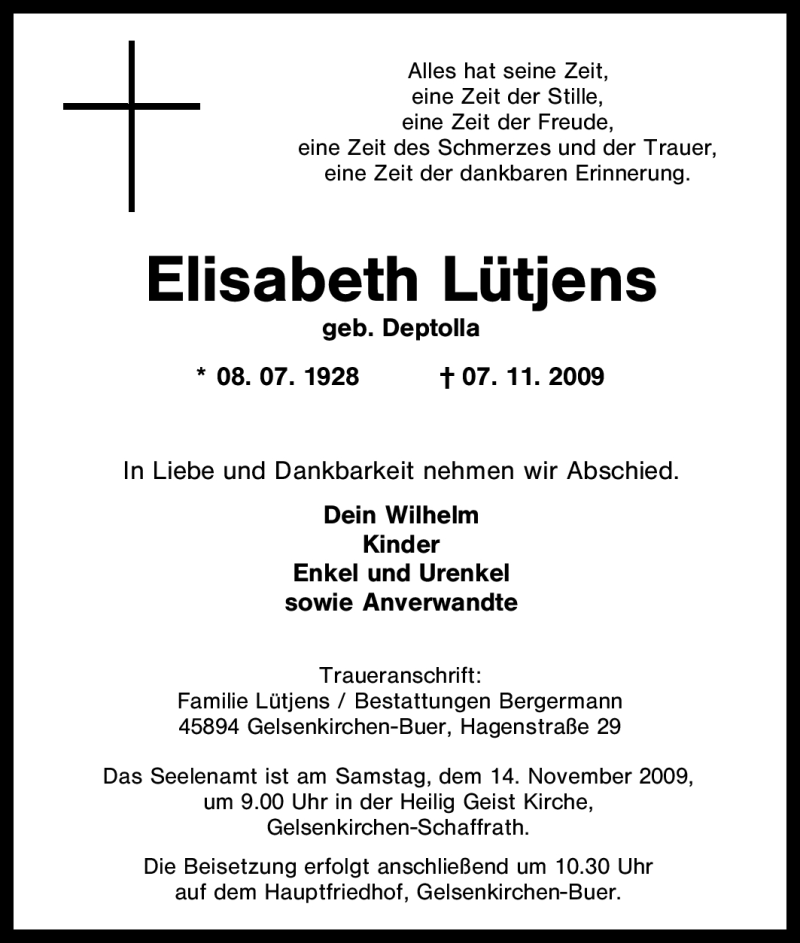 Traueranzeige für Elisabeth Lütjens vom 10.11.2009 aus Tageszeitung