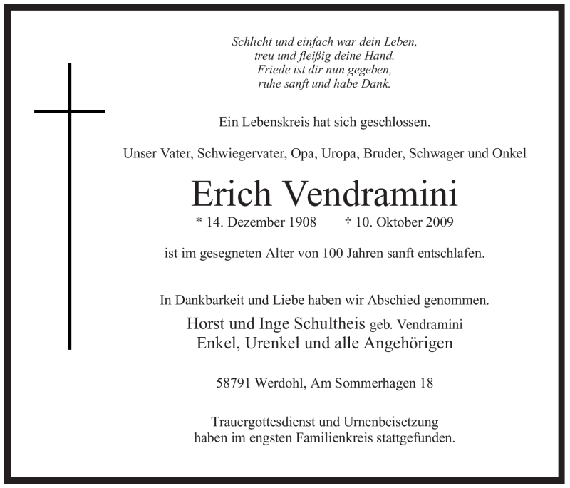  Traueranzeige für Erich Vendramini vom 03.11.2009 aus Tageszeitung