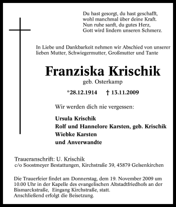 Traueranzeige von Franziska Krischik von Tageszeitung