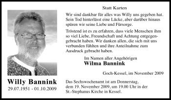 Traueranzeige von Willy Bannink von Tageszeitung