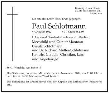 Traueranzeige von Paul Schlotmann von Tageszeitung
