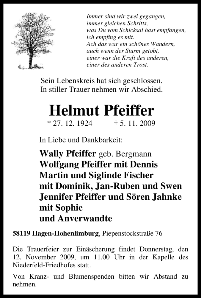 Traueranzeigen von Helmut Pfeiffer TrauerinNRW.de