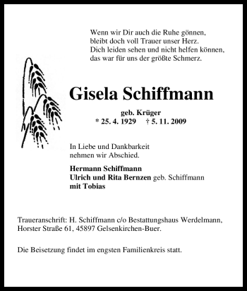 Traueranzeige von Gisela Schiffmann von Tageszeitung