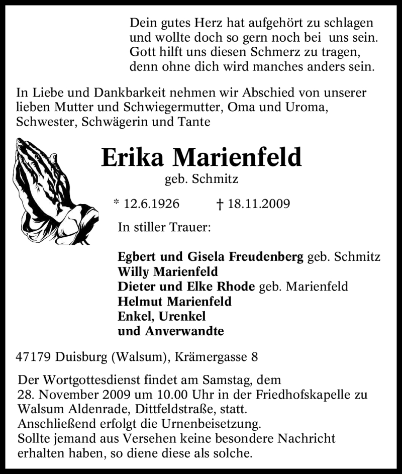  Traueranzeige für Erika Marienfeld vom 25.11.2009 aus Tageszeitung