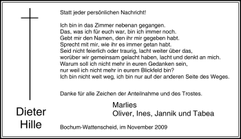Traueranzeige von Dieter Hille von Tageszeitung