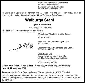 Traueranzeige von Walburga Stahl von Tageszeitung