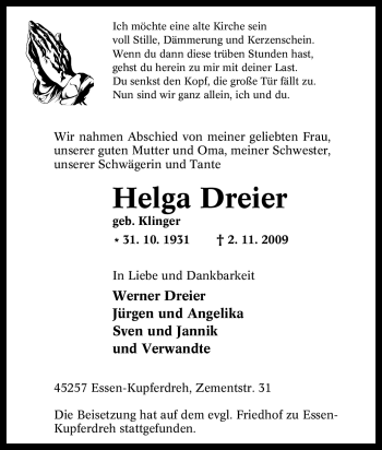 Traueranzeige von Helga Dreier von Tageszeitung