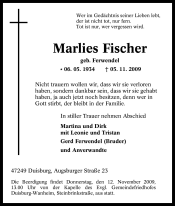 Traueranzeige von Marlies Fischer von Tageszeitung