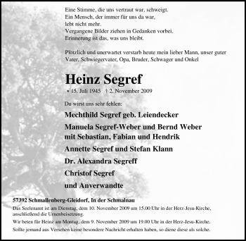 Traueranzeige von Heinz Segref von Tageszeitung