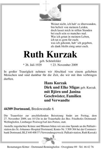 Traueranzeige von Ruth Kurzak von Tageszeitung