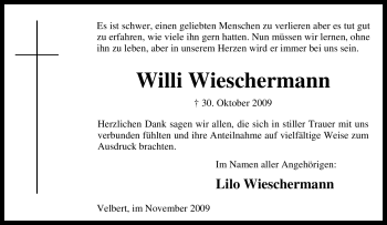 Traueranzeige von Willi Wieschermann von Tageszeitung