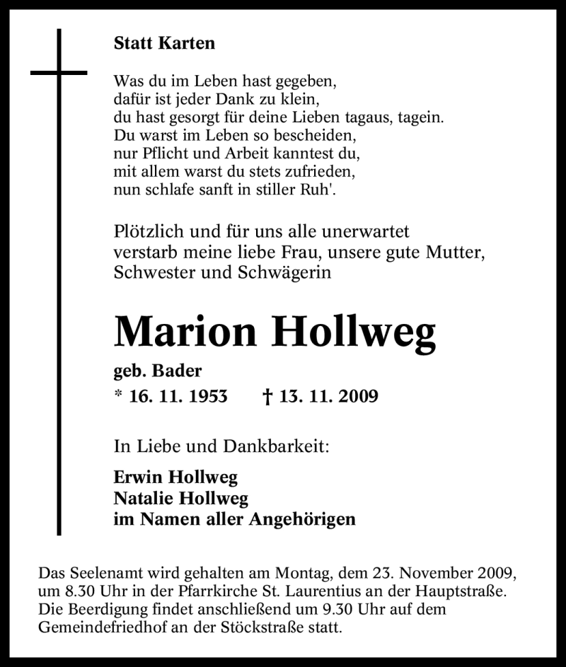  Traueranzeige für Marion Hollweg vom 20.11.2009 aus Tageszeitung
