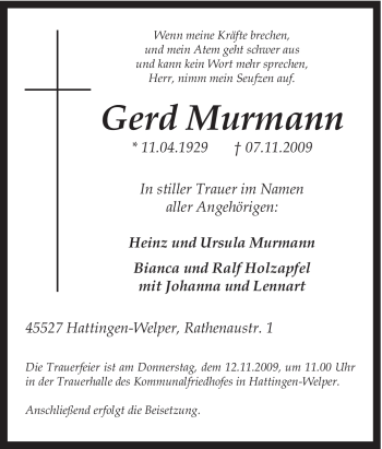 Traueranzeige von Gerd Murmann von Tageszeitung