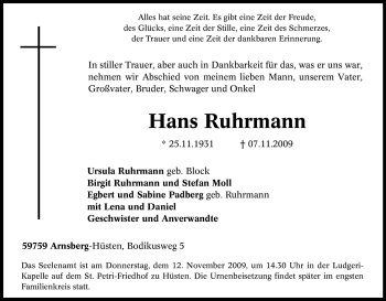 Traueranzeige von Hans Ruhrmann von Tageszeitung