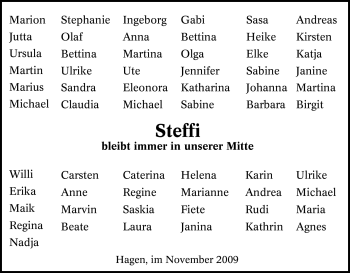 Traueranzeige von Steffi Unbekannt von Tageszeitung