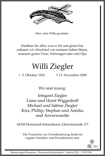 Traueranzeige von Willi Ziegler von Tageszeitung
