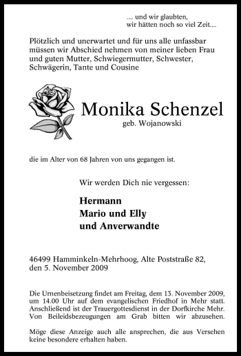 Traueranzeige von Monika Schenzel von Tageszeitung
