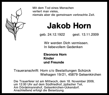 Traueranzeige von Jakob Horn von Tageszeitung