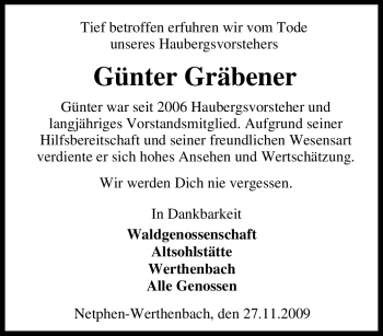 Traueranzeige von Günter Gräbener von Tageszeitung