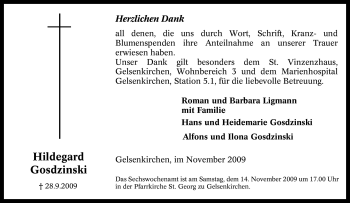 Traueranzeige von Hildegard Gosdzinski von Tageszeitung