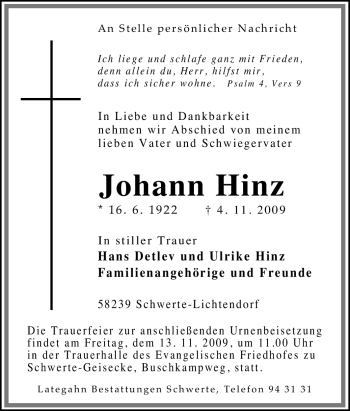 Traueranzeige von Johann Hinz von Tageszeitung