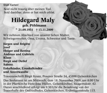 Traueranzeige von Hildegard Maly von Tageszeitung