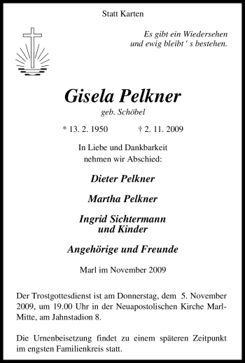 Traueranzeige von Gisela Pelkner von Tageszeitung
