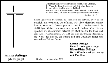 Traueranzeige von Anna Salinga von Tageszeitung