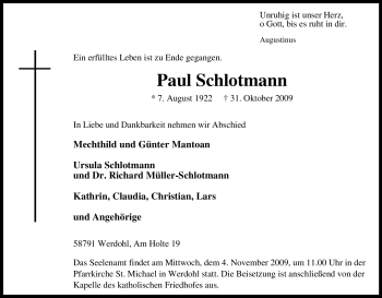 Traueranzeige von Paul Schlotmann von Tageszeitung