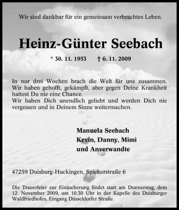 Traueranzeige von Heinz-Günter Seebach von Tageszeitung