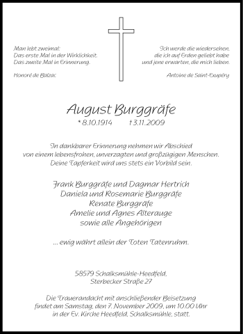 Traueranzeige von August Burggräfe von Tageszeitung