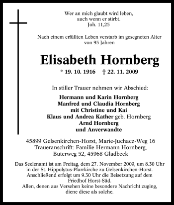 Traueranzeige von Elisabeth Hornberg von Tageszeitung